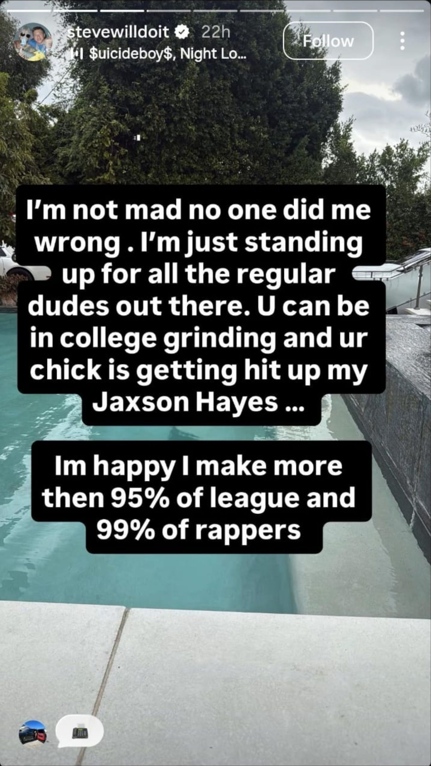 Stephen Deleonardis&#039; Instagram story accusing Lakers stars of flirting with his girlfriend.