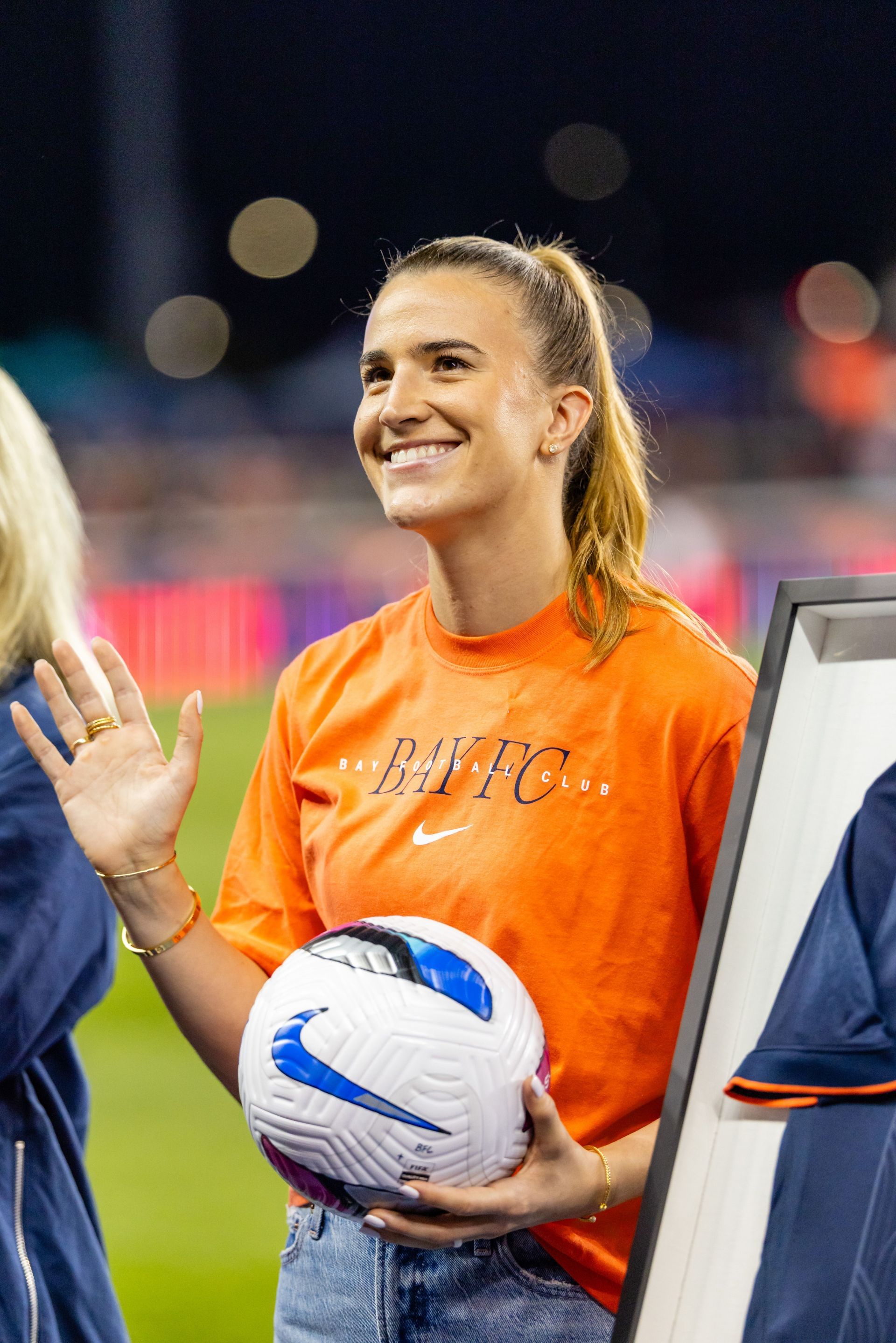 WNBA player Sabrina Ionescu waves before a NWSL match between Bay FC and the North Carolina Courage on October 17, 2025 at PayPal Park in San Jose, CA. (Photo by Matthew Huang/Icon Sportswire via Getty Images)