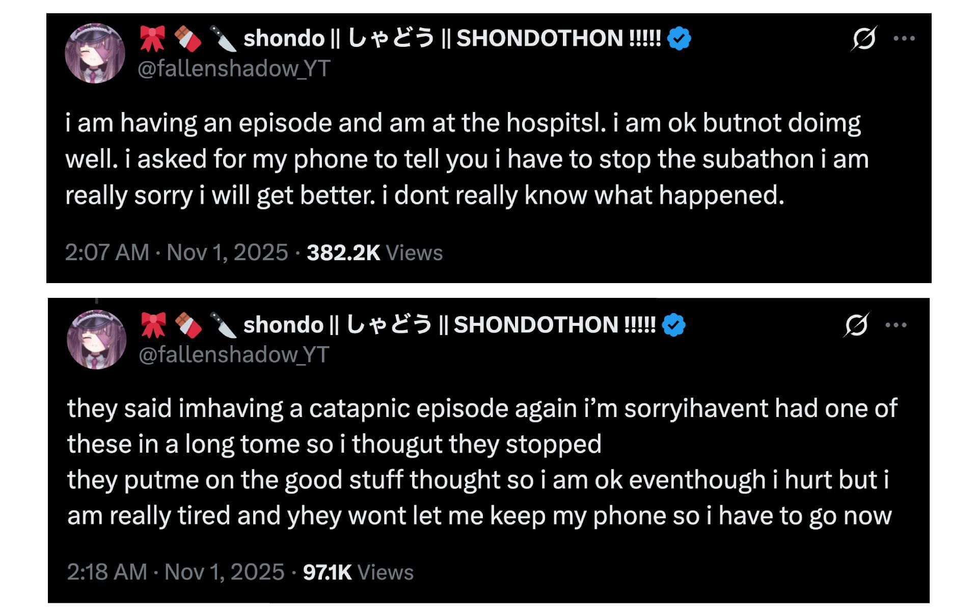 VTuber Shondo&#039;s X posts, in which she gave a health update to the online community (Image via x.com/fallenshadow_YT)