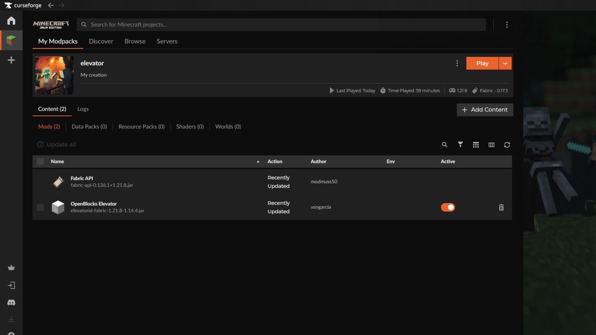 Use the Curseforge launcher to download and install the Minecraft Elevator mod (Image via Sportskeeda Gaming || Mojang Studios/vsngarcia)