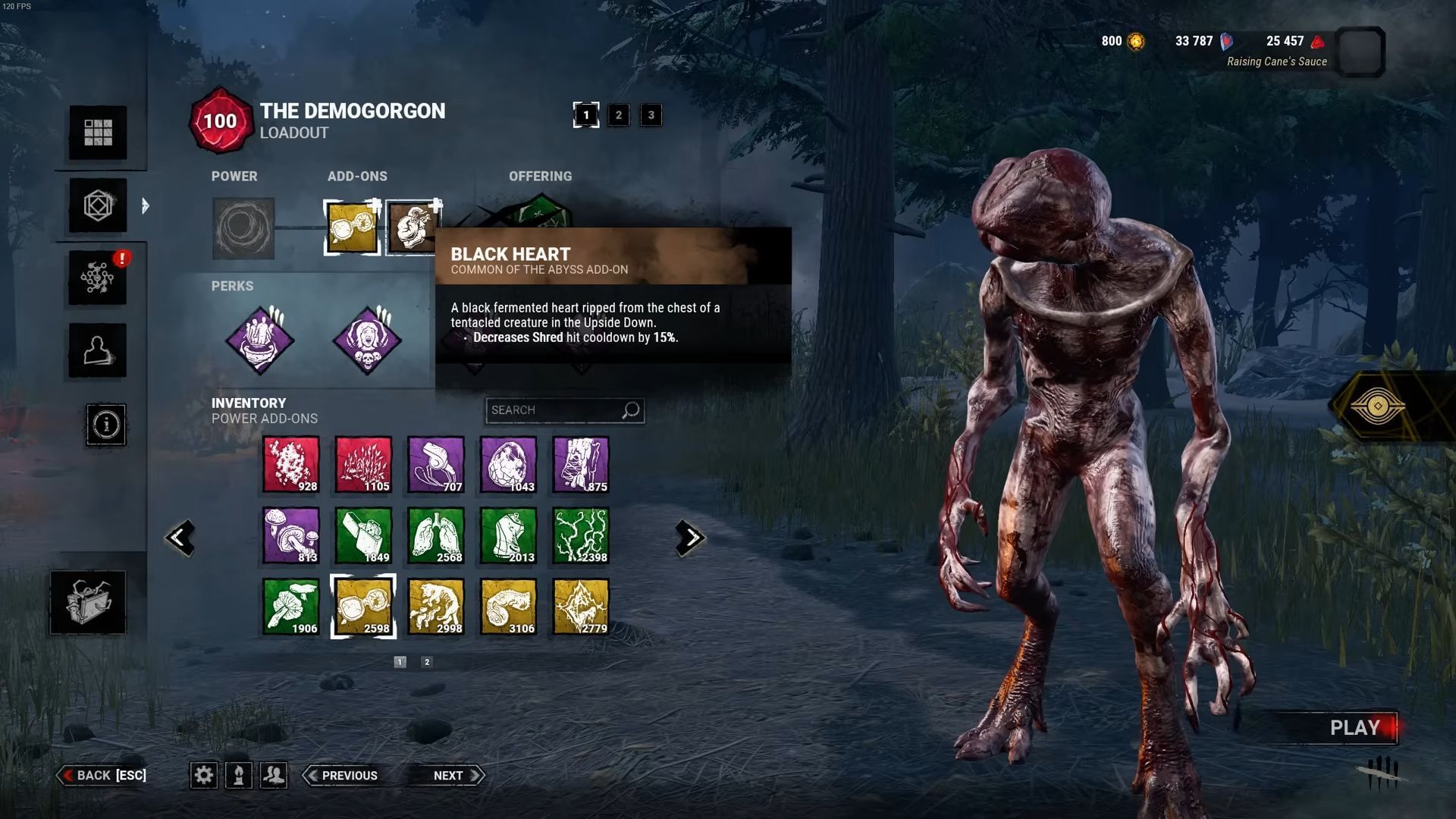 Výber výhod a doplnkov pre Demogorgon (obrázok cez Behavior Interactive)