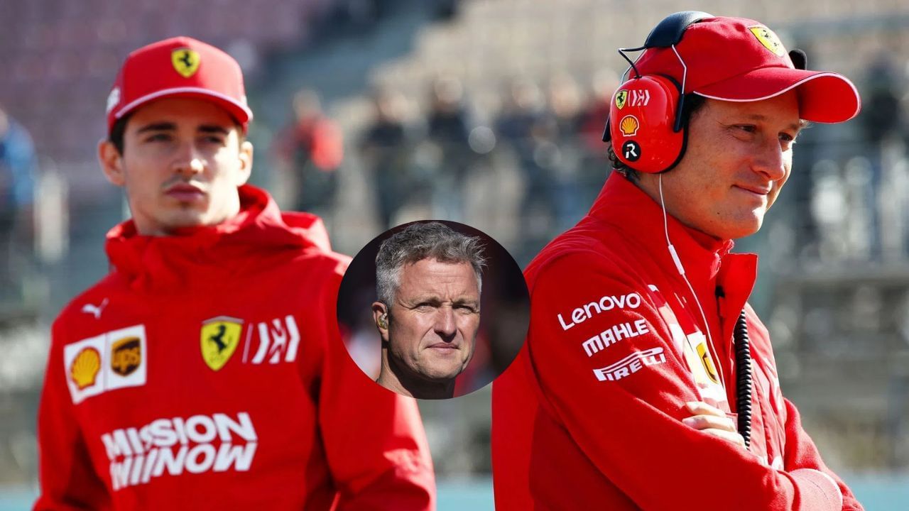 (BG) Charles Leclerc of Monaco and Ferrari (L) and Chairman of Ferrari John Elkann look on from trackside during day four of F1 Winter Testing at Circuit de Catalunya on March 01, 2019 in Montmelo, Spain. Source: Getty and (Inset) Former Formula One driver Ralf Schumacher of Germany during the F1 Grand Prix of Austria - Previews at Red Bull Ring on July 8, 2022 in Spielberg, Austria. (Photo by Guenther Iby/SEPA.Media /Getty Images)