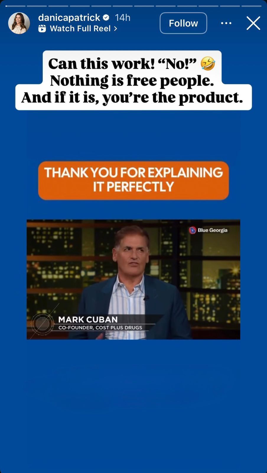 Danica Sue Patrick reaction to Mark Cuban&rsquo;s comments (Source: Danica Patrick/Instagram)