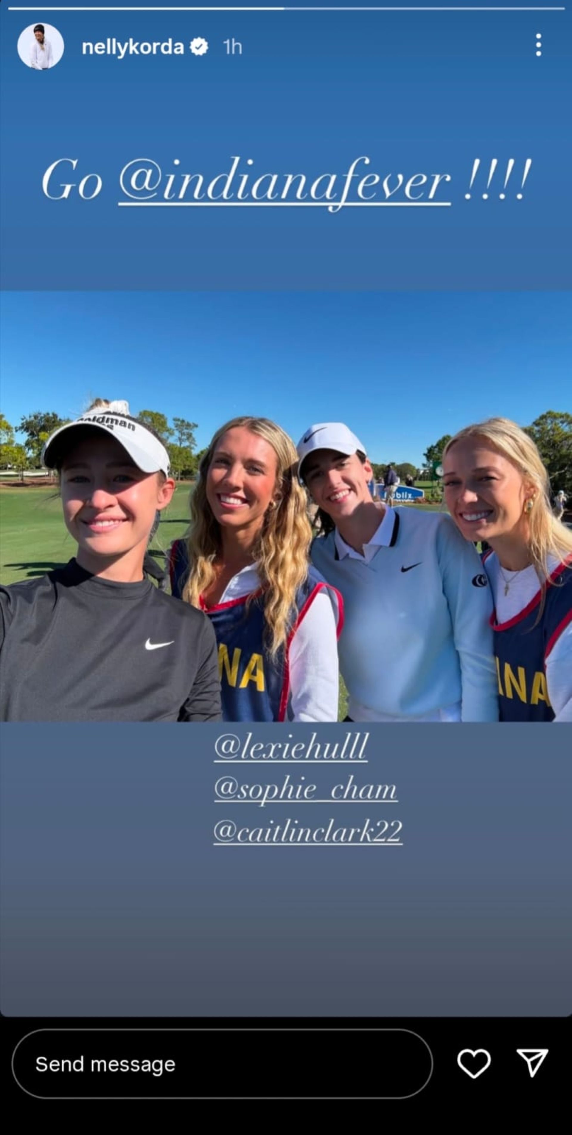 A screenshot from Nelly Korda&#039;s Instagram story (via @nellykorda)