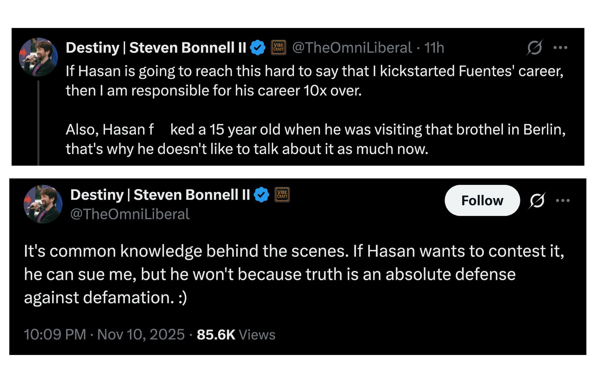 Destiny&#039;s X posts, dated November 10, 2025 (Image via X/@TheOmniLiberal)