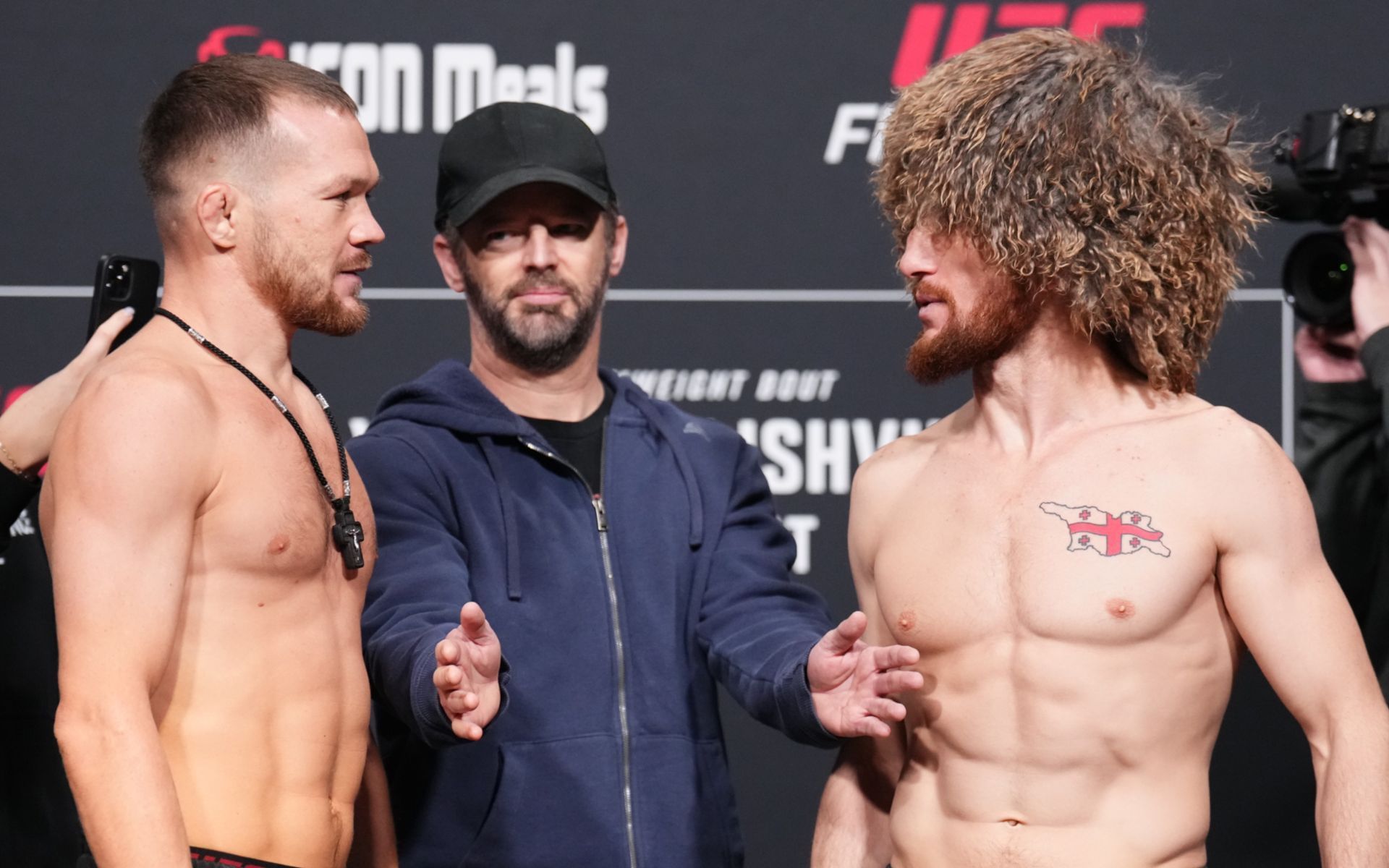 Merab Dvalishvili (right) talks Petr Yan (left) rematch. [Image courtesy: Getty Images]