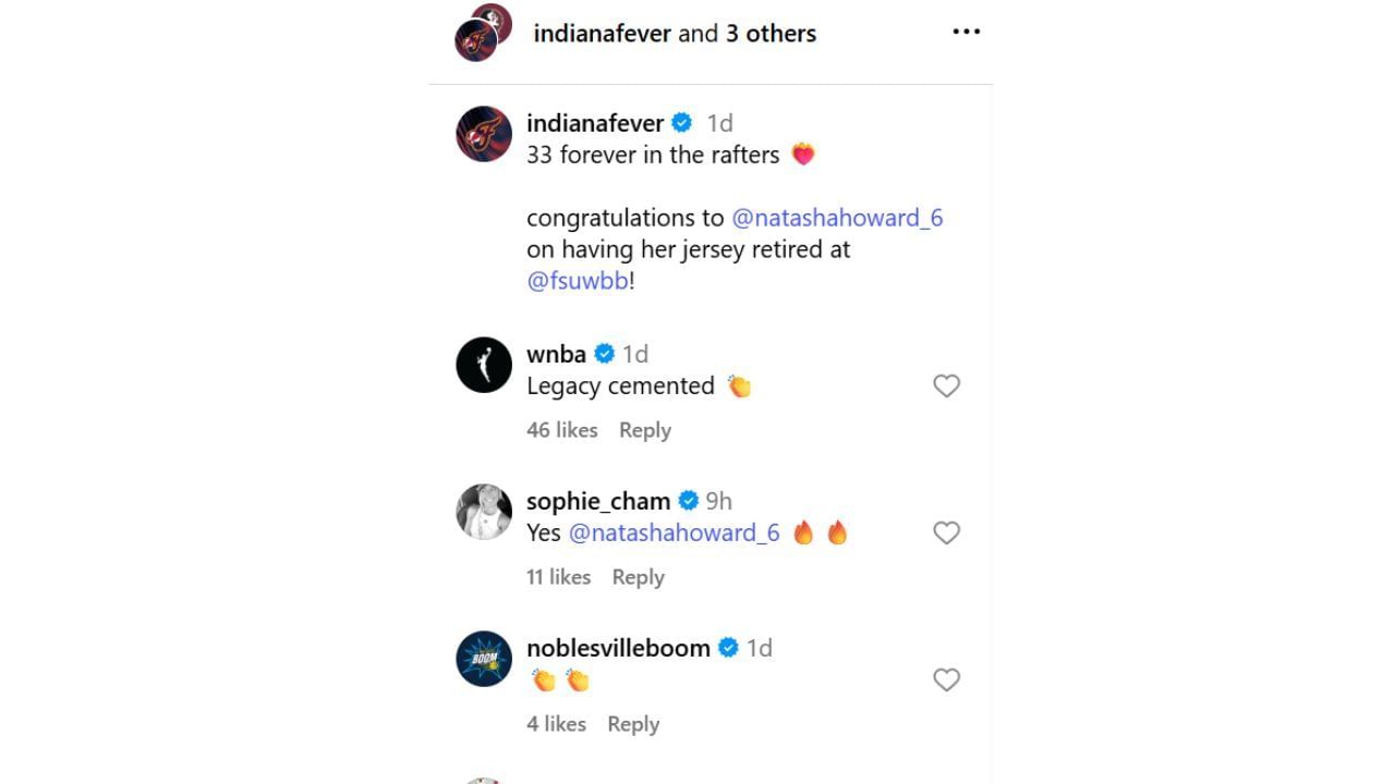 Sophie Cunningham reacts to Natasha Howard&#039;s jersey retirement photos at Florida State on Monday. [photo: @indianafever/IG]