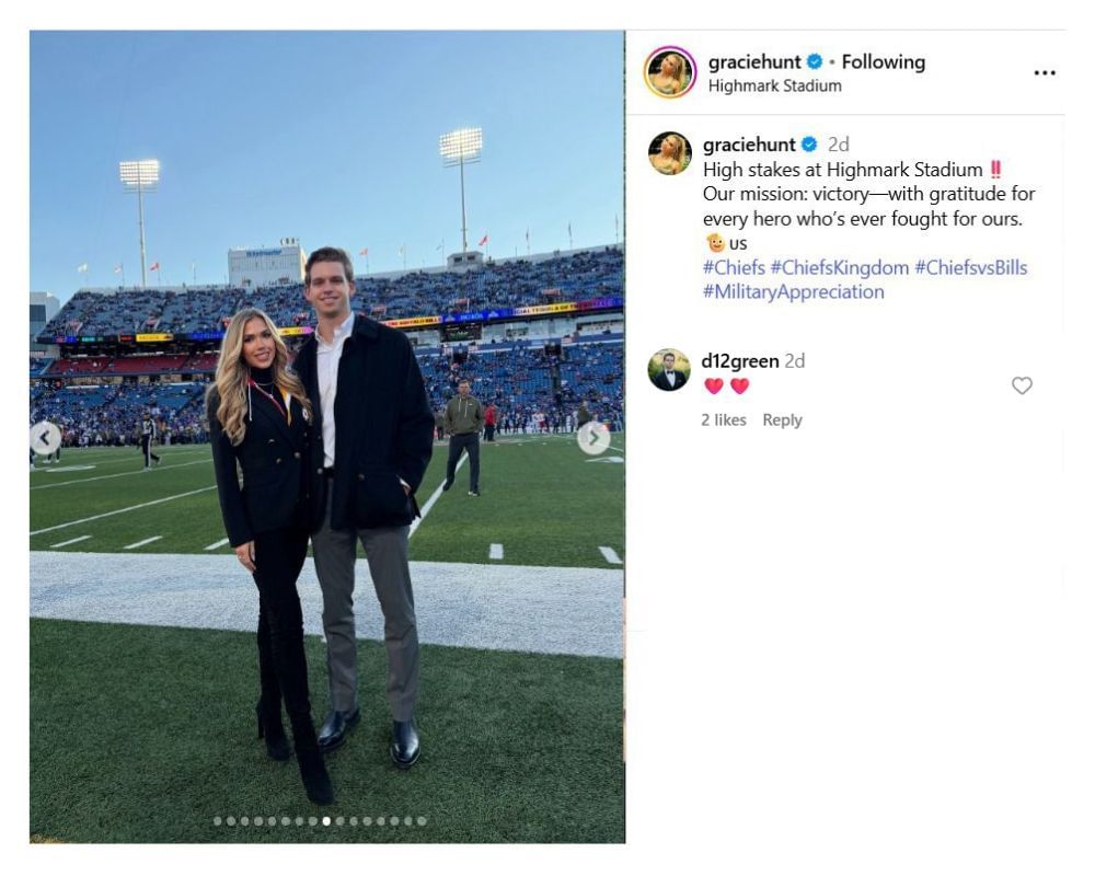 Gracie Hunt&#039;s BF Derek Green shows love to Chiefs heiress&#039; core memories from Week 9 showdown vs. Bills [IG/@graciehunt]