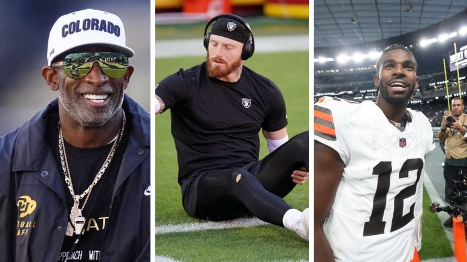 Colorado head coach Deion Sanders, Maxx Crosby, and Shedeur Sanders