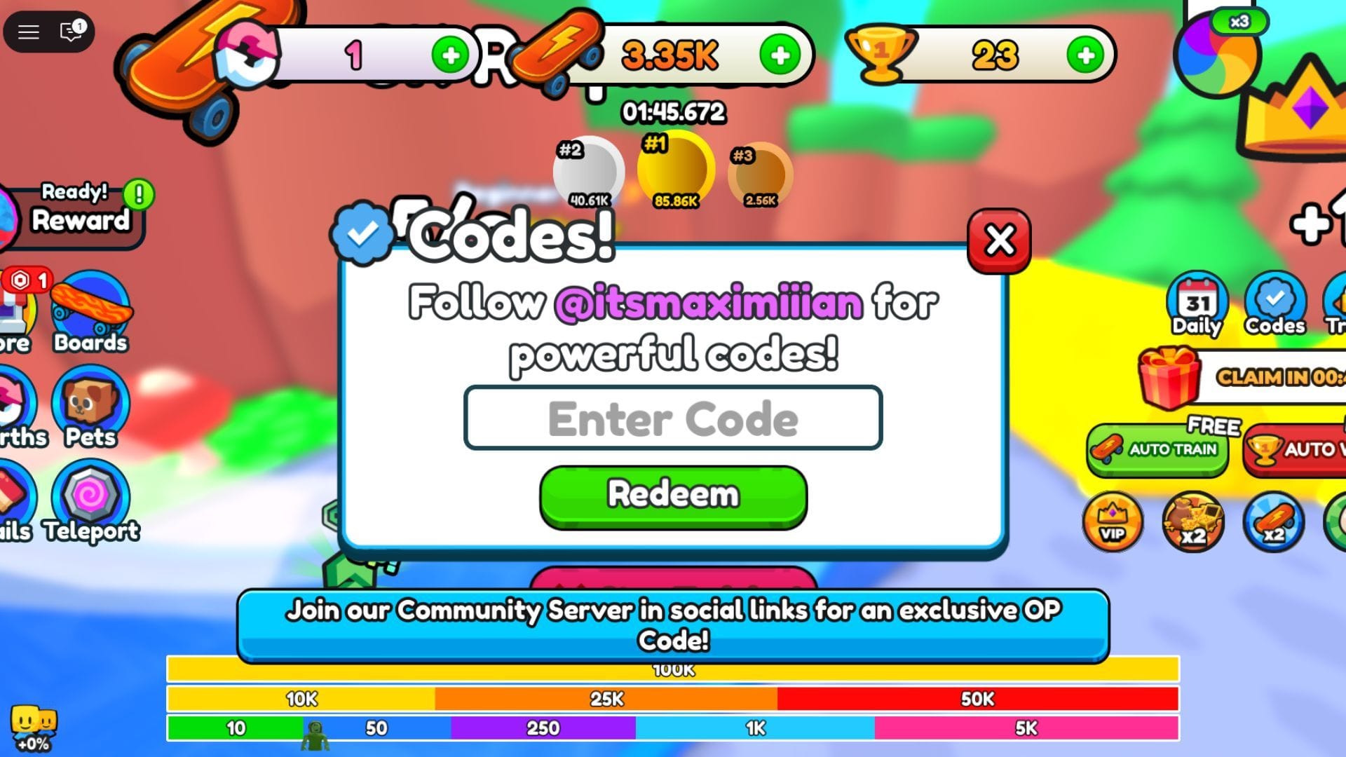 Pole Kódy je na pravej strane obrazovky (obrázok cez Roblox)