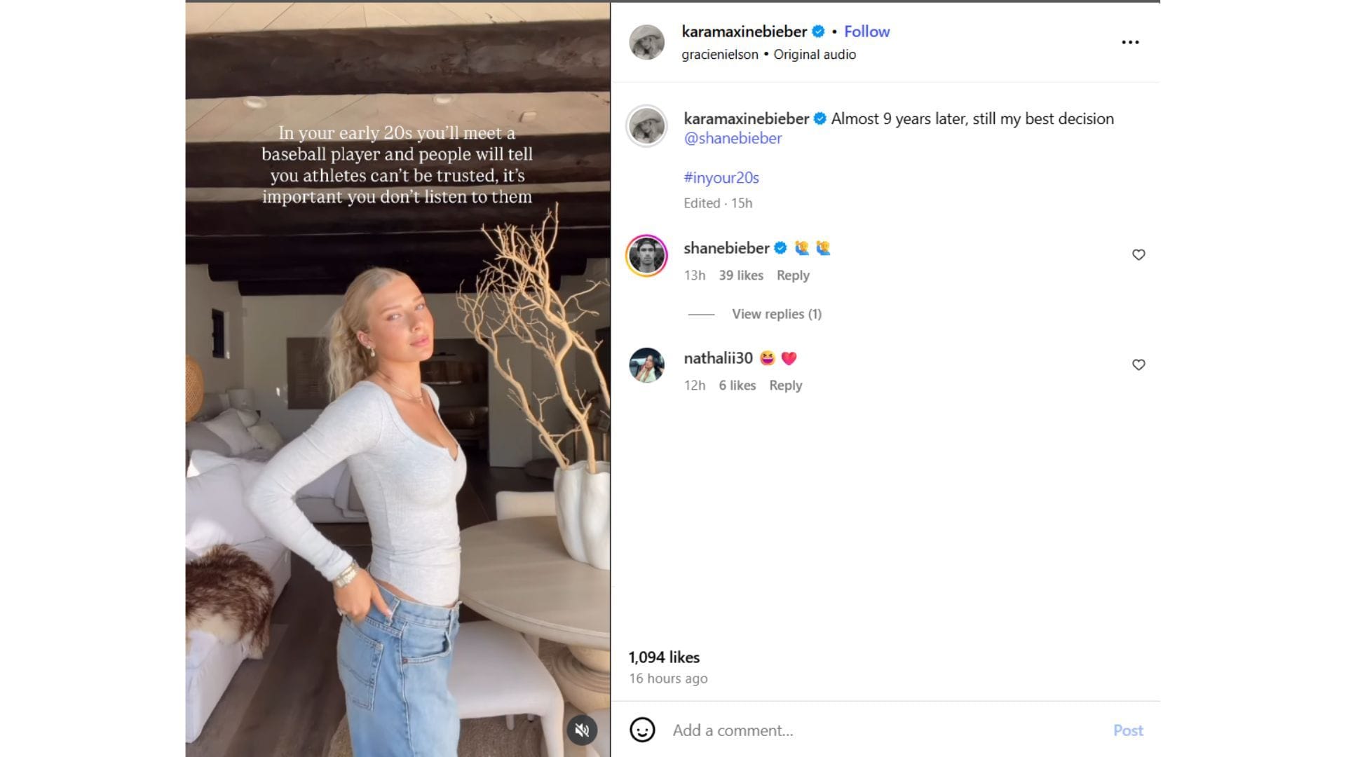 Shane Bieber and Nathalie Guerrero&#039;s comments on Kara Bieber&#039;s post (Source: Instagram @karamaxinebieber)