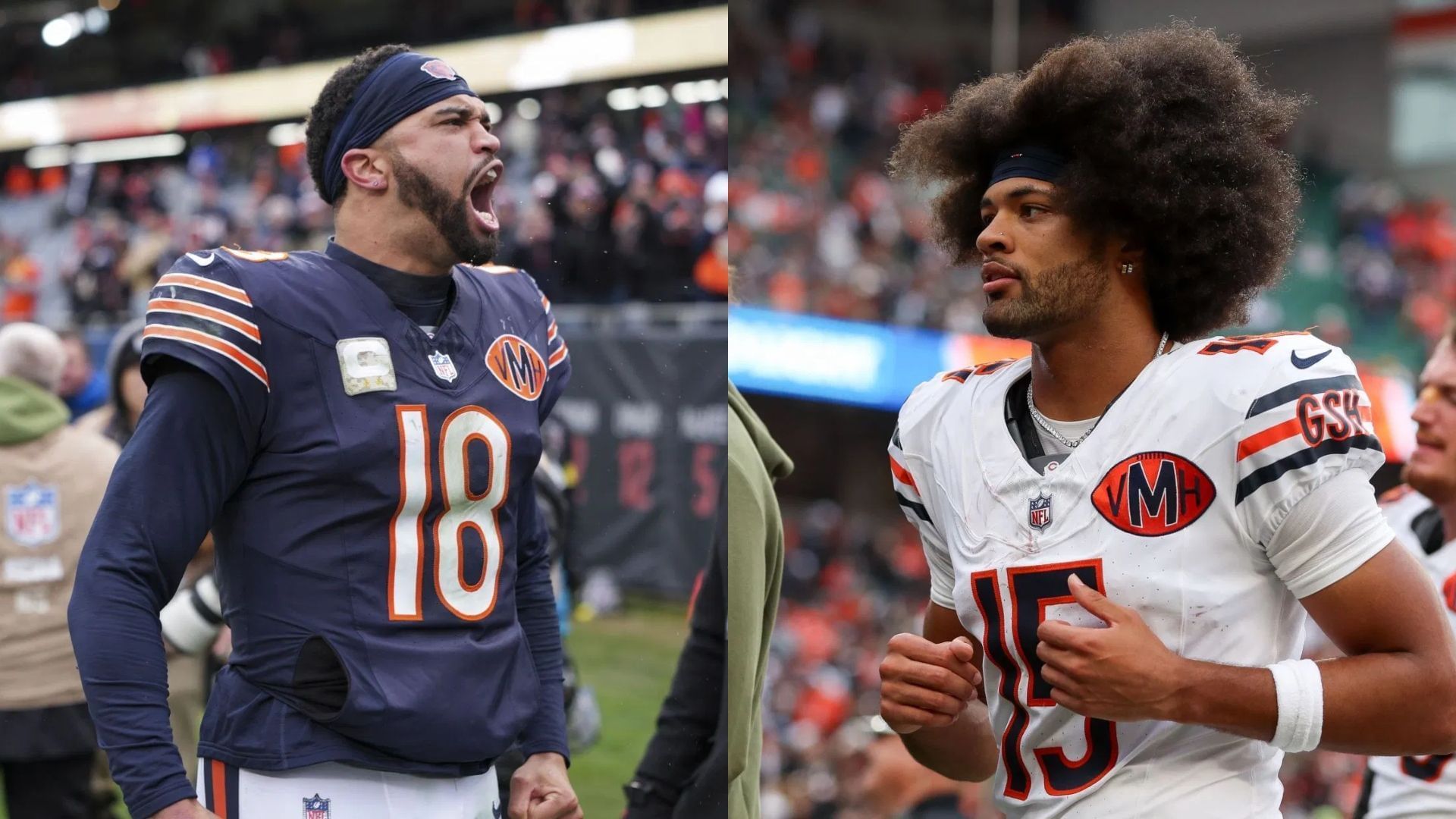 Rome Odunze reacts to Caleb Williams targeting him often vs. Giants - via Getty/CMS