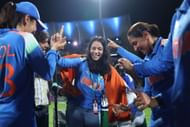 Pratika Rawal celebrates by dancing alongside her teammates (Source: Getty)