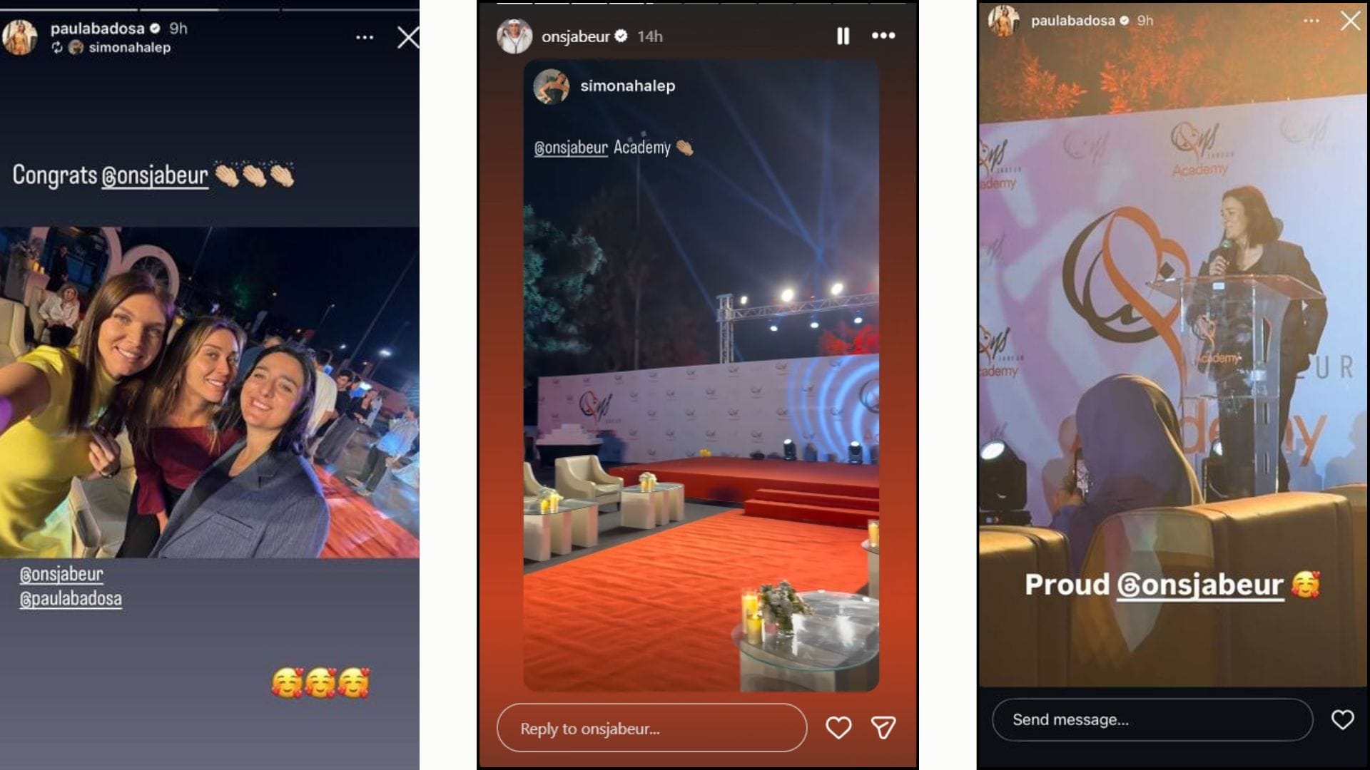 Paula Badosa, Ons Jabeur, and Simona Halep&#039;s Instagram Story