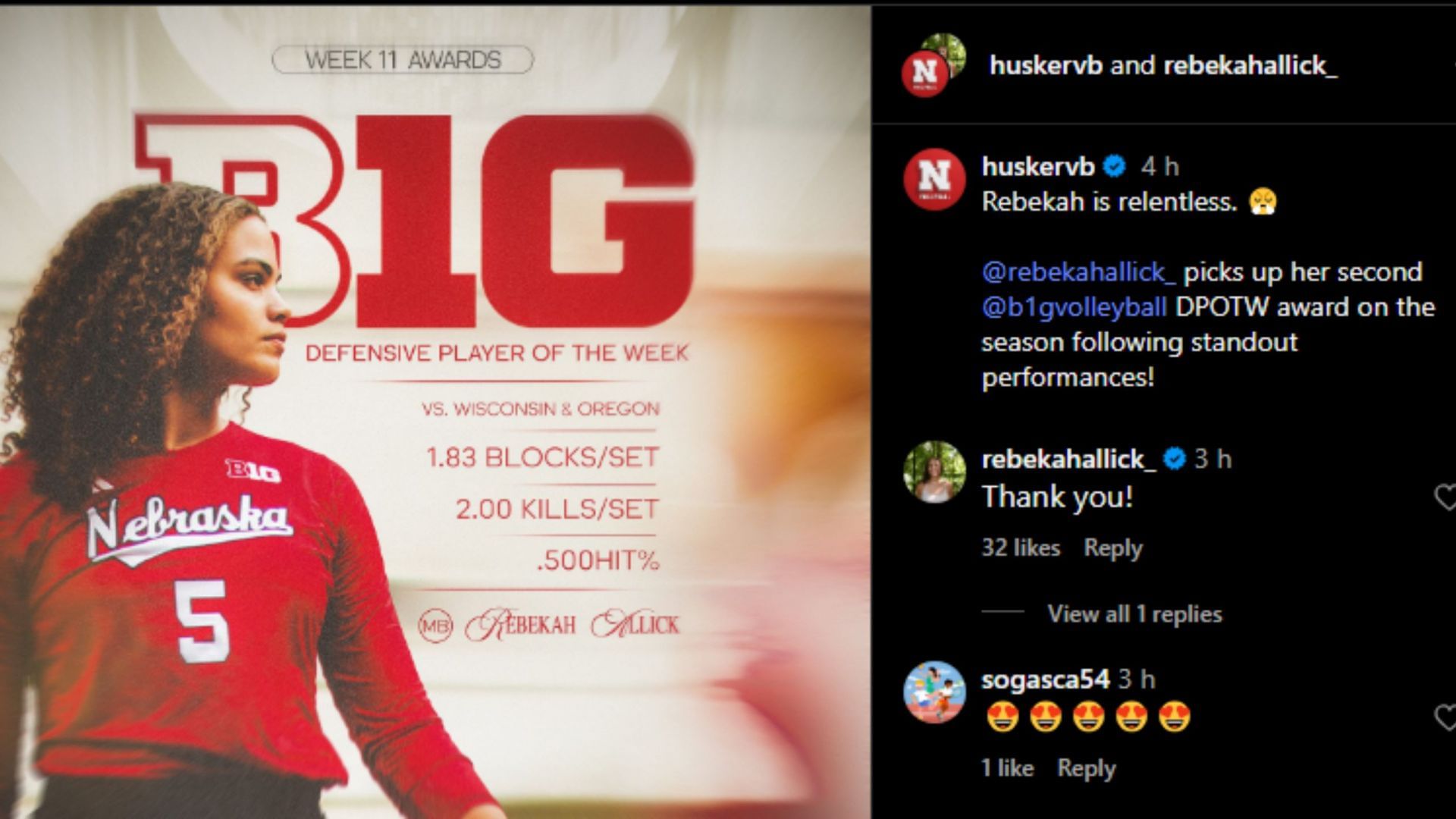 Screengrab of Rebekah Allick&#039;s comment on the Instagram post from Nebraska Cornhuskers [Image Source : Instagram]