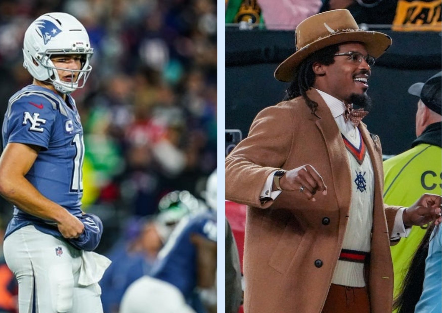 New England Patriots quarterback Drake Maye and former NFL star Cam Newton