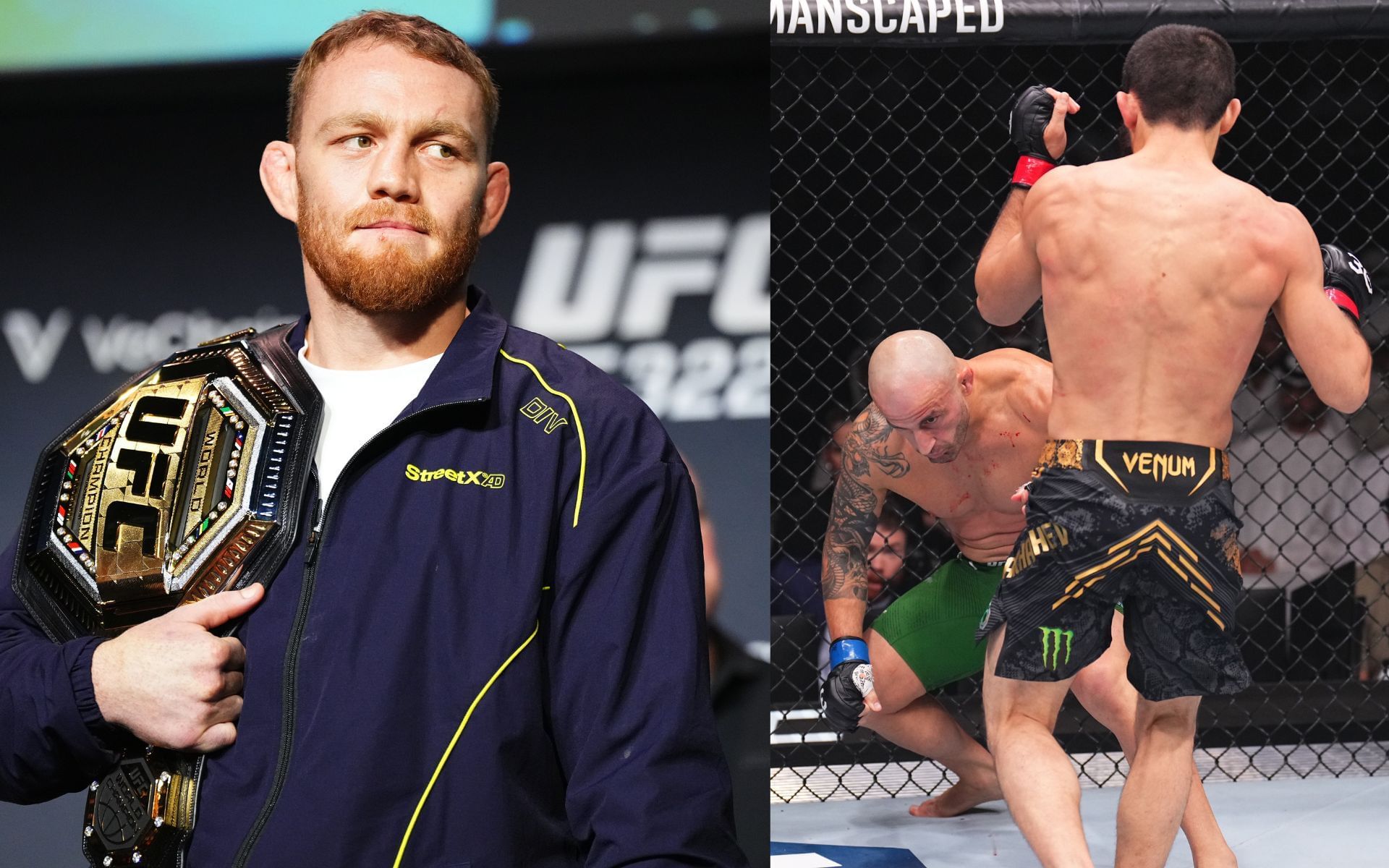 Jack Della Maddalena (left) gets advise from Alexander Volkanovski (right). [Images courtesy: Getty]