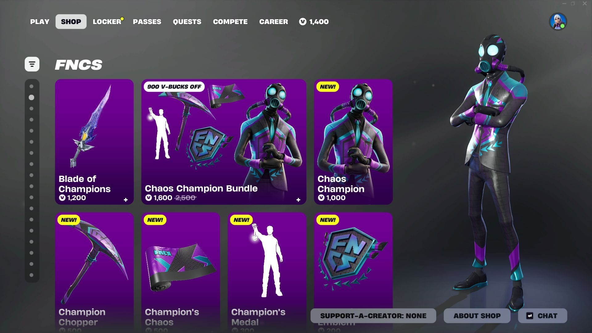 You can now purchase the Chaos Champion FNCS skin in Fortnite (Image via Epic Games)