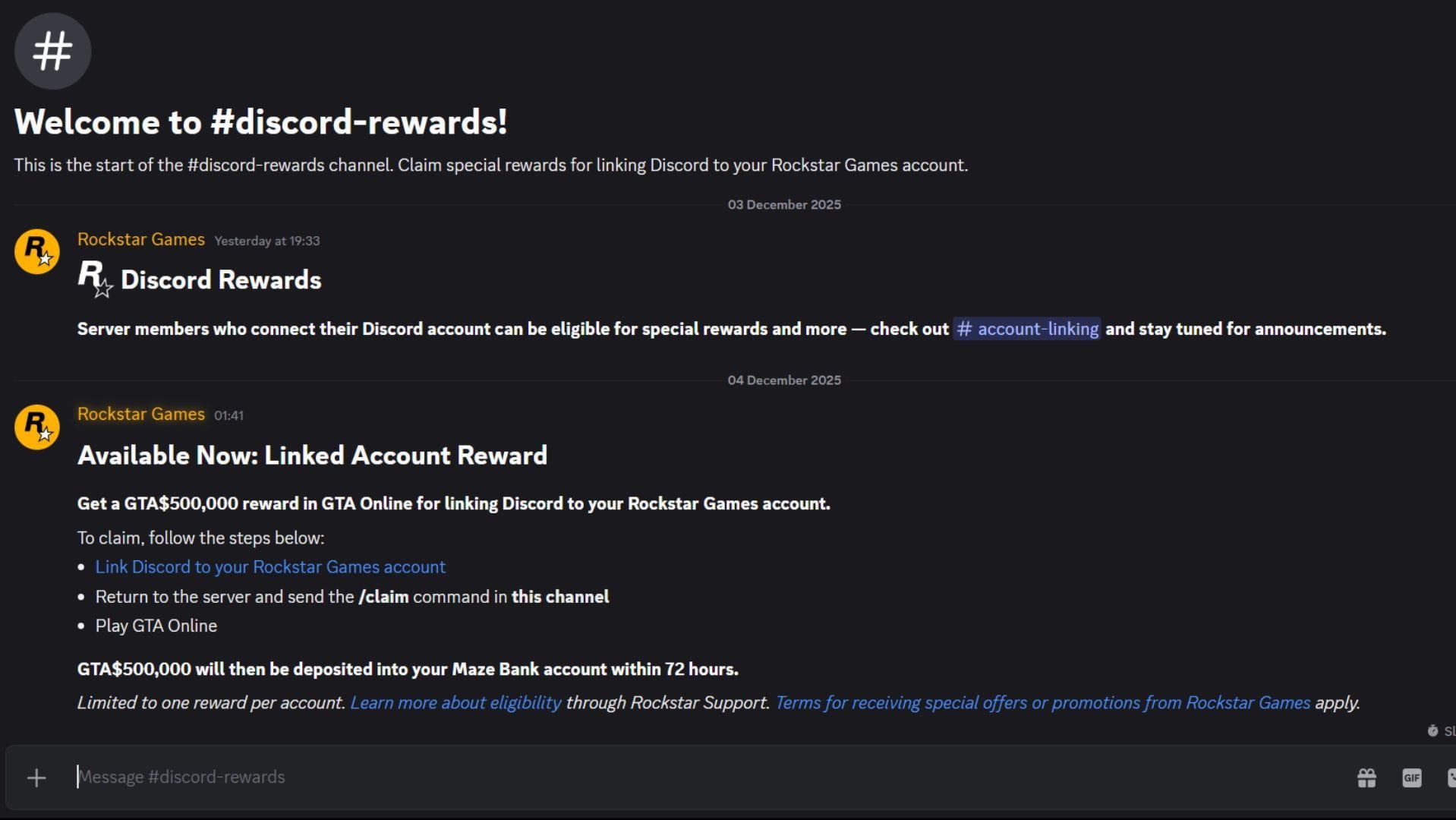 Type /claim in the Discord rewards text channel on the Rockstar Games server (Image via Sportskeeda Gaming || Discord/Rockstar Games)