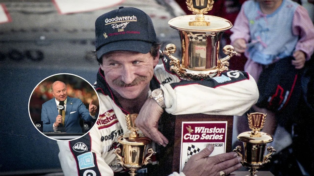 (Background) Dale Earnhardt celebrates his 4th NASCAR Winston Cup Championship after the Atlanta Journal 500, NASCAR Winston Cup race, Atlanta Motor Speedway on November 18, 1990 in Hampton, Georgia.. (Photo by Brian Cleary/Getty Images) (Inset) FOX Sports NASCAR analyst Larry McReynolds prior to the running of the NASCAR Cup Series Busch Light Clash at The Coliseum on February 05, 2023, at the Los Angeles Memorial Coliseum in Los Angeles, CA. (Photo by Chris Williams/Icon Sportswire via Getty Images)