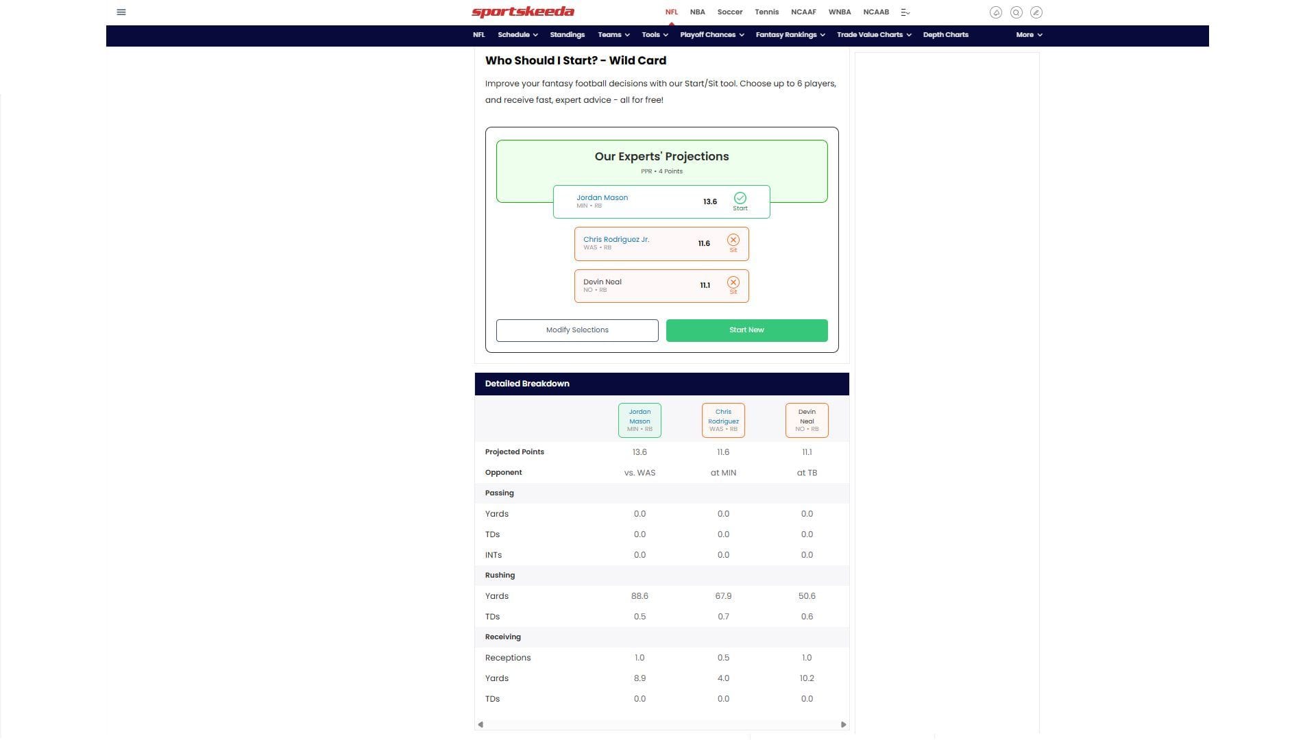 Jordan Mason vs Chris Rodriguez Jr. vs Devin Neal - Sportskeeda&#039;s Who Should I Start Tool