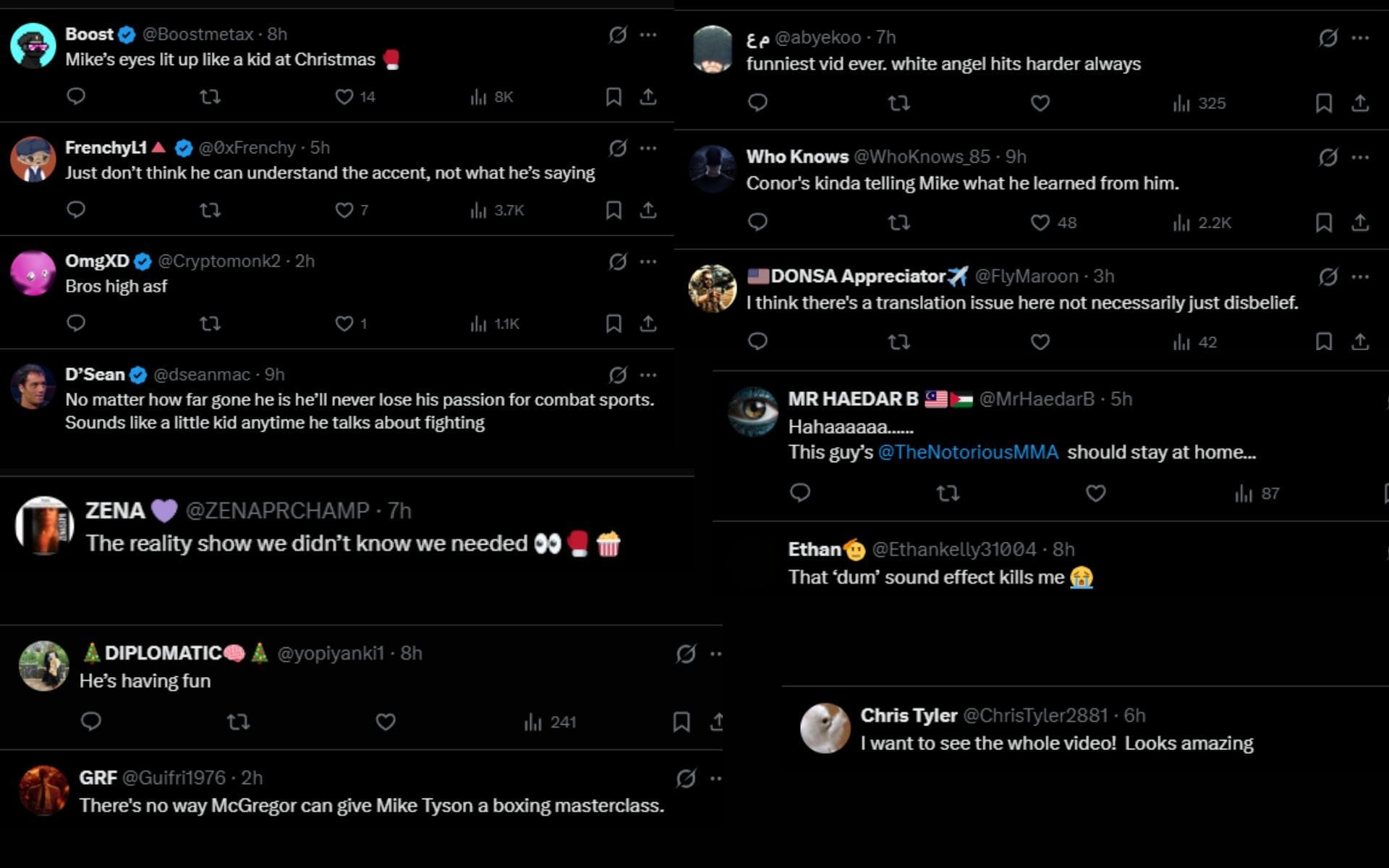 Fans react to the video of Conor McGregor discussing boxing with Mike Tyson. [Screenshots courtesy: @HappyPunch on X]