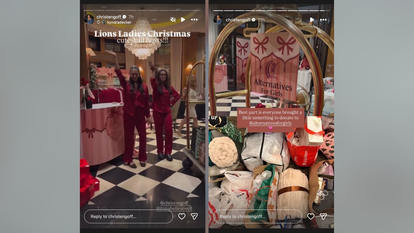 Jared Goff&#039;s wife Christen twins in red nightsuit with Penei Sewell&#039;s wife Isabelle (Image Credit: Harper/IG)