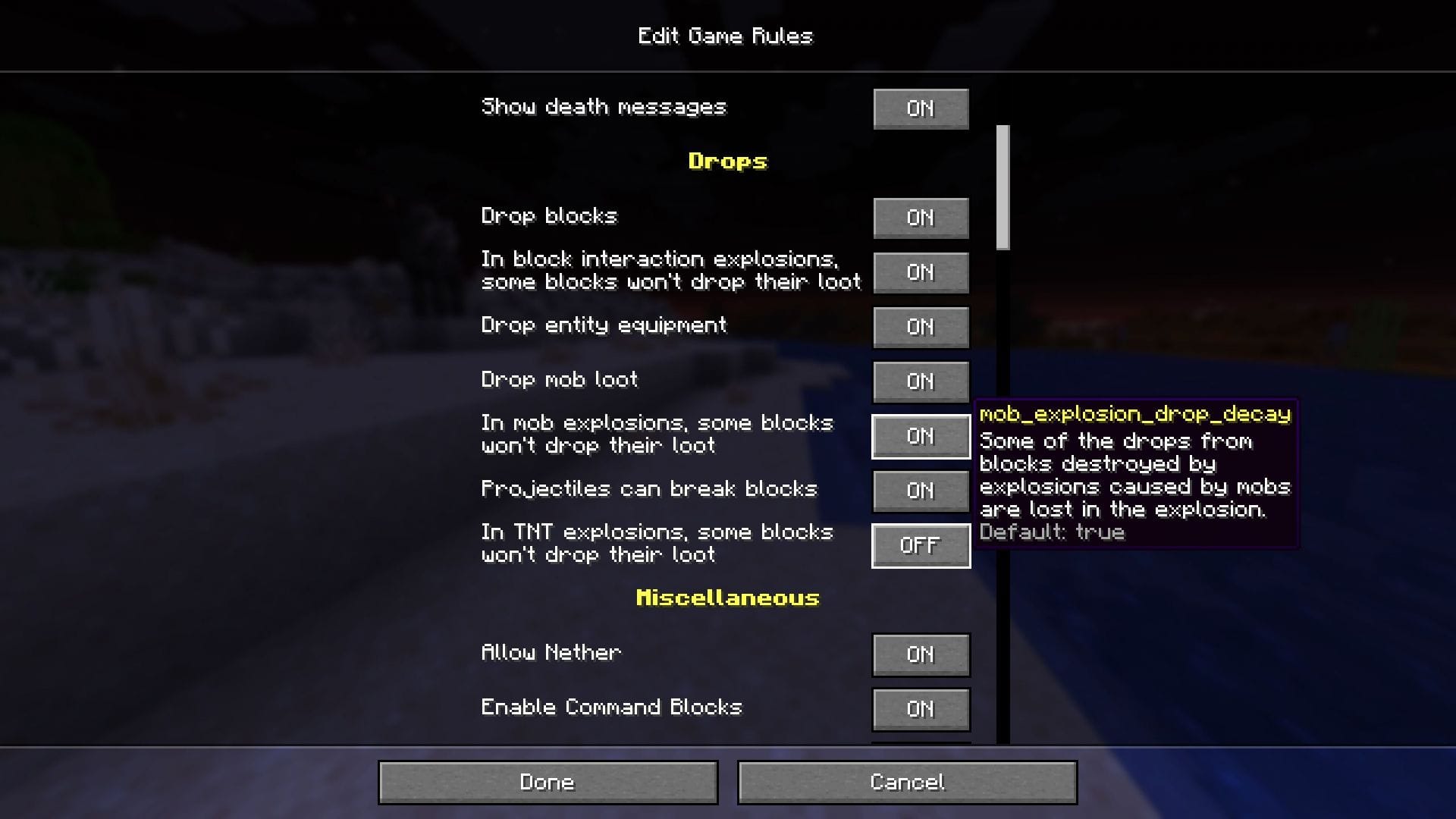 Toto herní pravidlo deaktivuje šanci, že budou bloky zničeny davovými explozemi (Obrázek přes Sportskeeda Gaming || Mojang Studios)