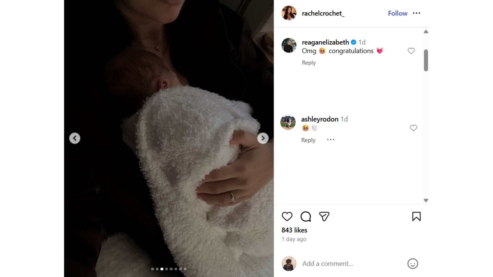 Komentáře Ashley Rodon a Reagana Bregmana k příspěvku Rachel Crochet (Zdroj: Instagram @rachelcrochet_)