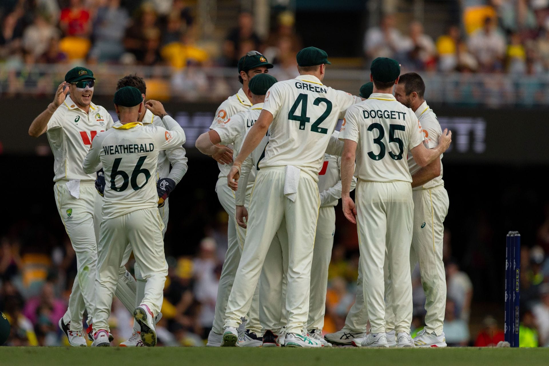 Australia celebrate a wicket. (Credits: Getty)