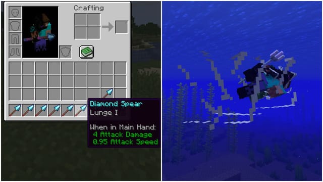 A lança e o tridente possuem características especiais diferentes (Imagem via Sportskeeda Gaming || Mojang Studios)