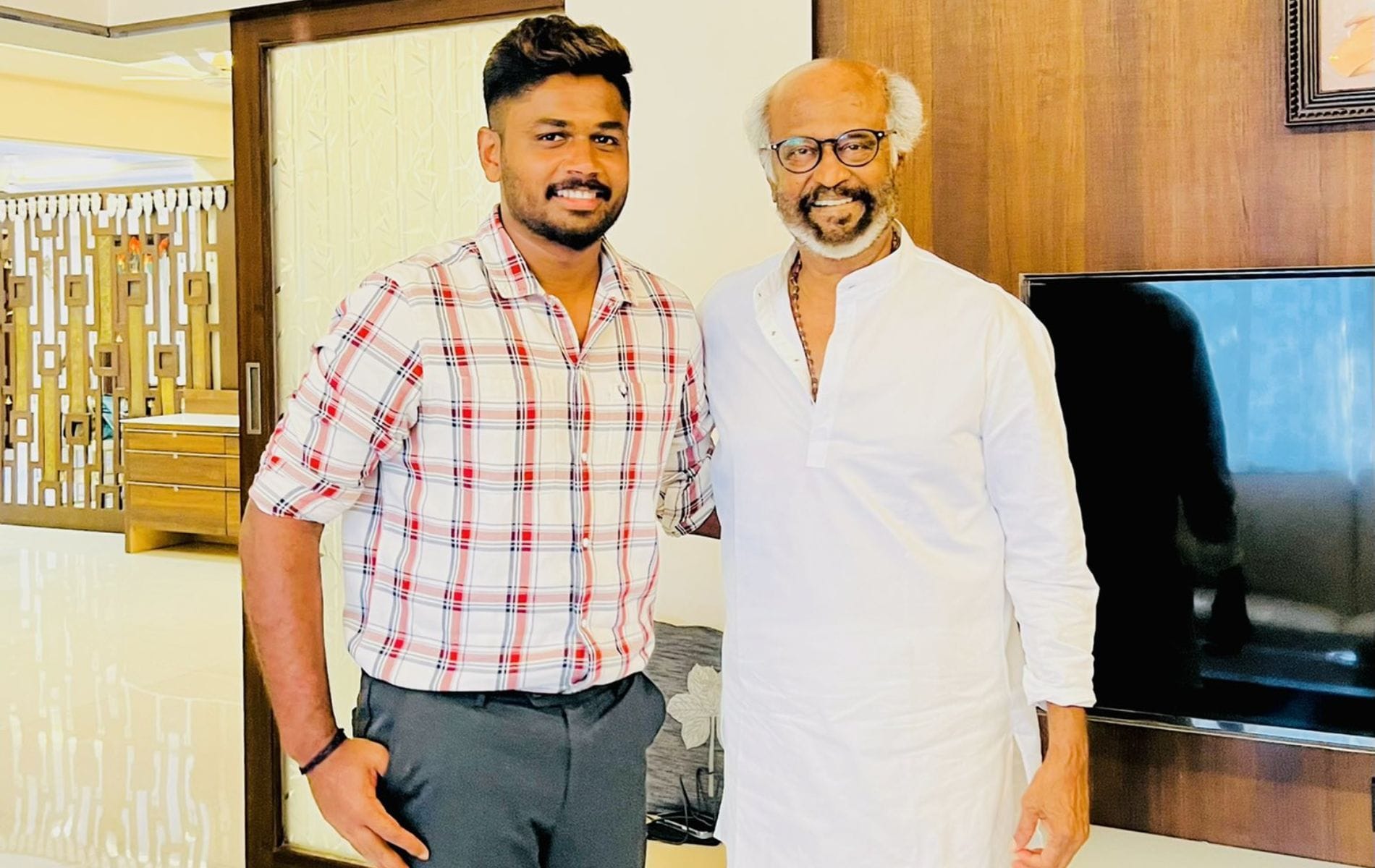 Sanju Samson (left) with Rajinikanth. (Pic:X/@IamSanjuSamson)