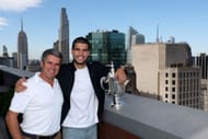 Carlos Alcaraz (right) celebrates his 2025 US Open title triumph with father Carlos Alcaraz Gonzalez (left) (Source: Getty)