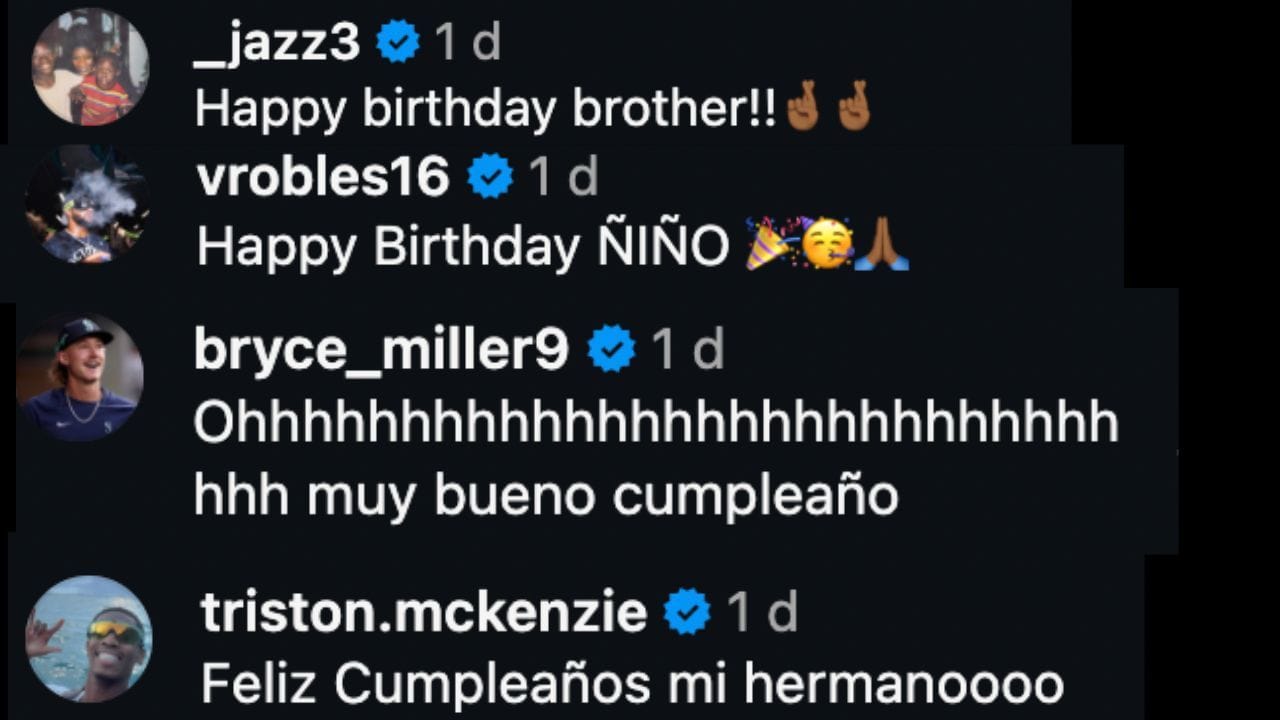 Screenshoty komentárov Jazz Chisholm Jr., Victor Robles, Bryce Miller a Triston McKenzie k príspevku Julia Rodrigueza na Instagrame (obrázok z - Instagram.com/@jrodshow44)