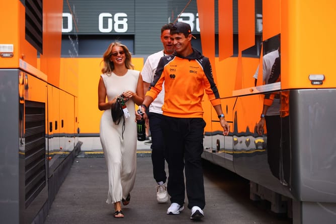 Lando Norris and Margarida Corceiro, and Oscar Piastri and Lily Zneimer clicked as the duo fly for the FIA Awards Ceremony