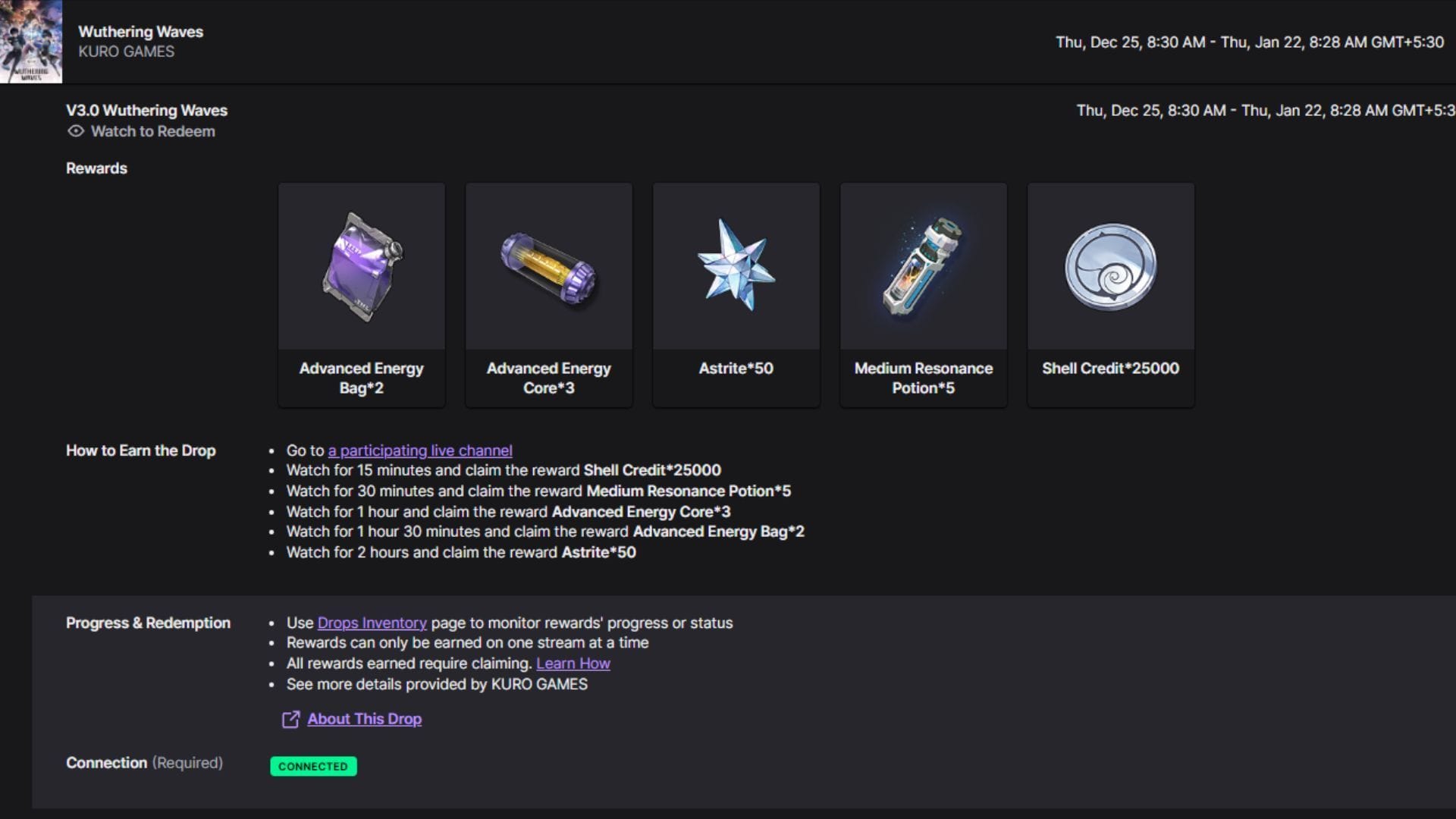 All Wuthering Waves v3.0 Twitch drops (Image via Twitch)