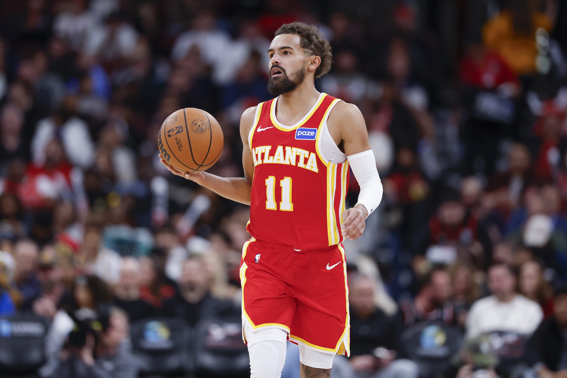 Trae Young making progress in recovery from knee injury. (Photo: IMAGN)