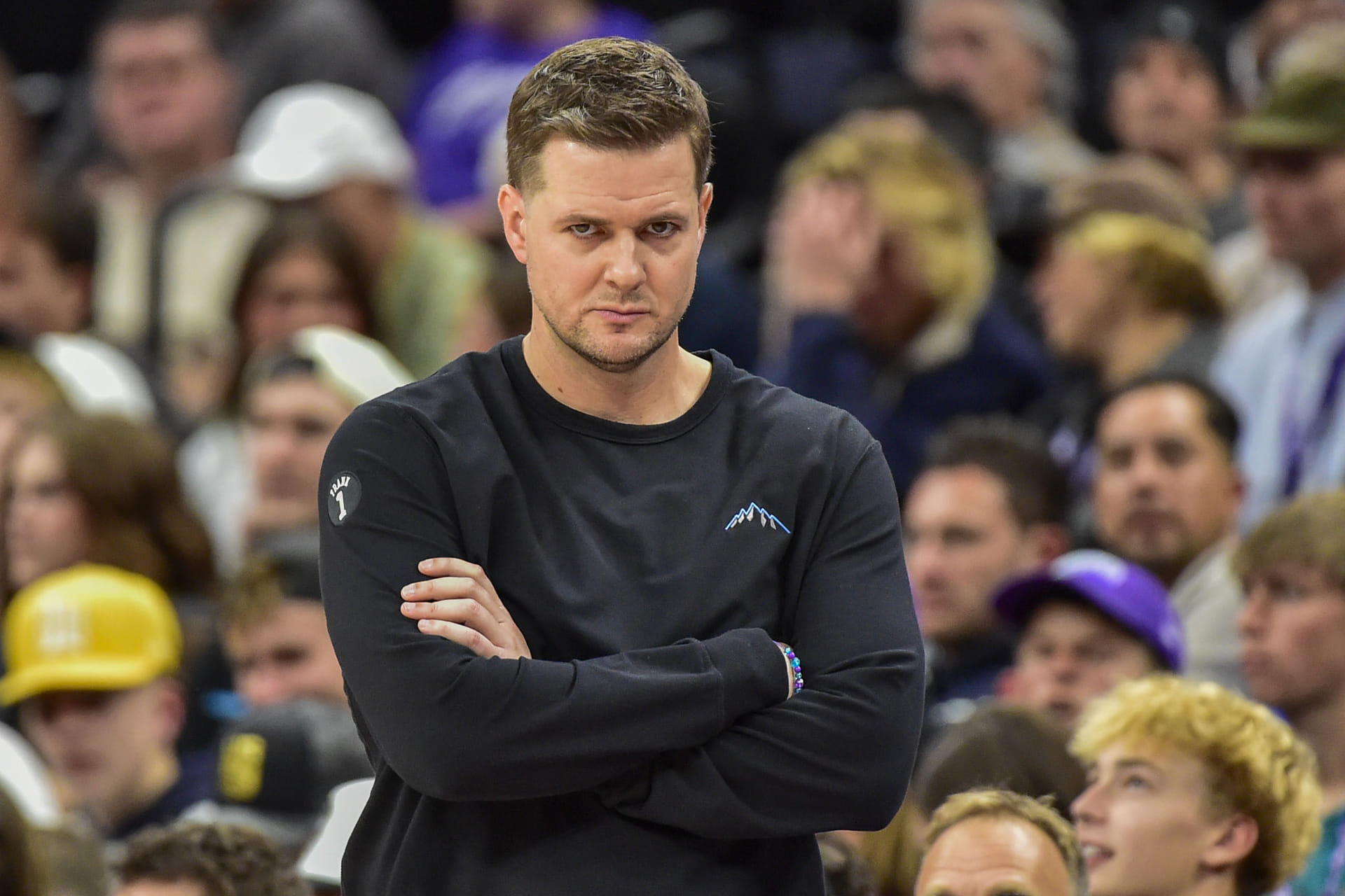 Nov 16, 2025; Salt Lake City, Utah, USA; Utah Jazz head coach Will Hardy studies his time during the second half against the Chicago Bulls at Delta Center. Mandatory Credit: Peter Creveling-Imagn Images - Source: Imagn