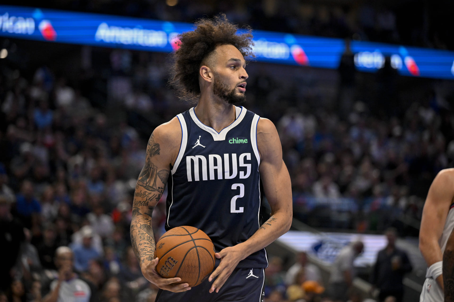 Nov 14, 2025; Dallas, Texas, USA; Dallas Mavericks center Dereck Lively II (2) looks on during an NBA Cup game between the Mavericks and the Clippers at the American Airlines Center. Mandatory Credit: Jerome Miron-Imagn Images