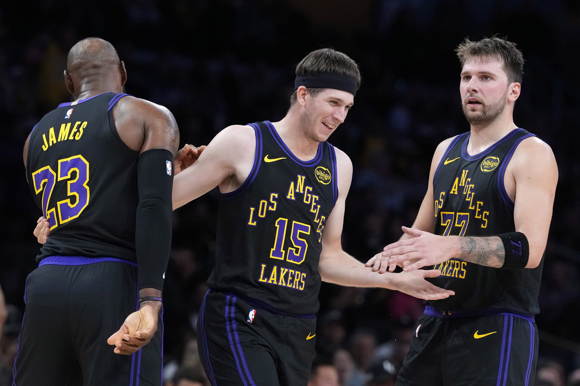 LeBron James, Austin Reaves and Luka Doncic of the LA Lakers. (Photo: IMAGN)