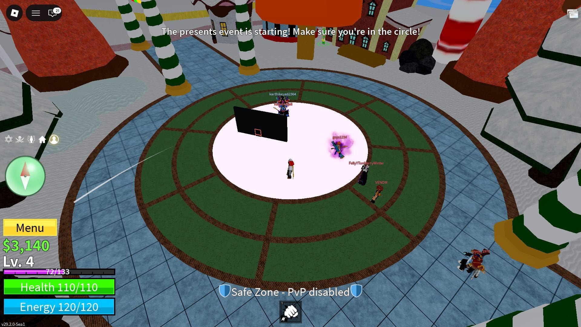 Stand inside the circle to receive Presents every hour (Image via Roblox)