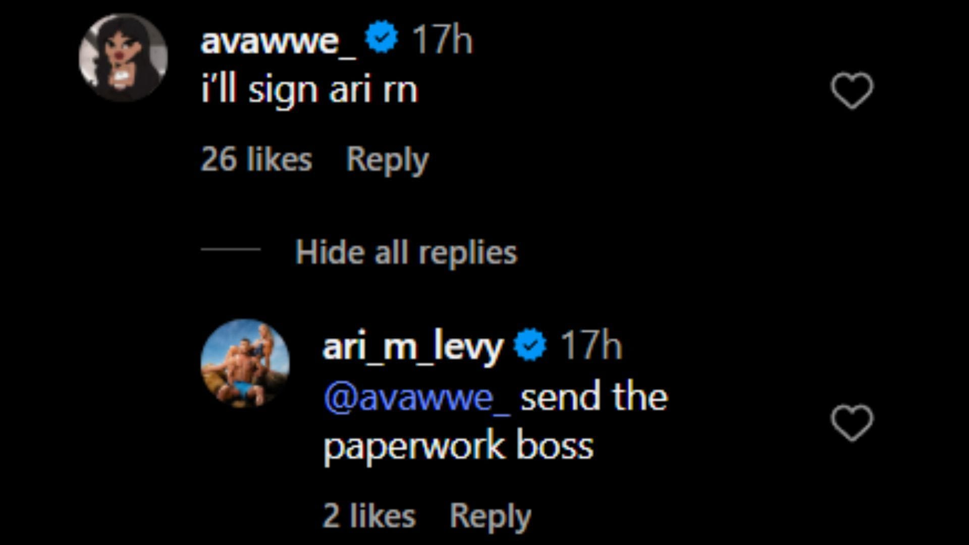 Screenshots of Ava&#039;s and Ari Levy&#039;s comments [Image via @ivynile_wwe on Instagram]