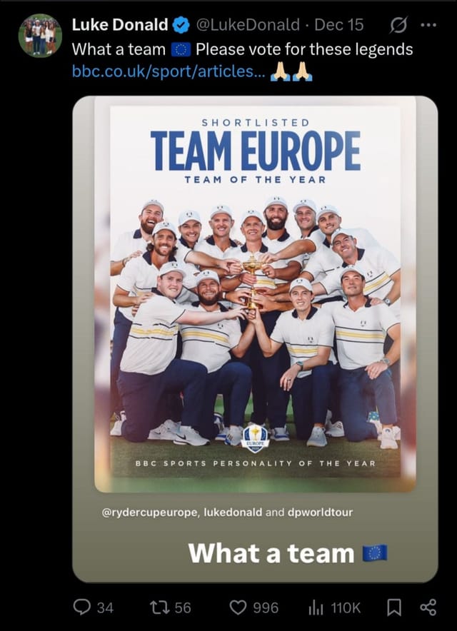 Screenshot of Luke Donald's post on X (via @LukeDonald)