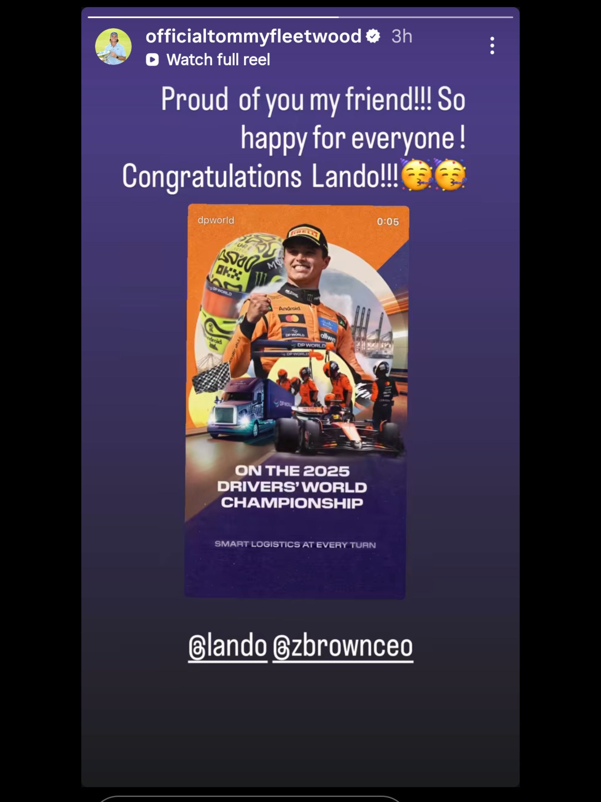 Fleetwood chúc mừng Lando Norris qua Instagram / IG: @officialtommyfleetwood