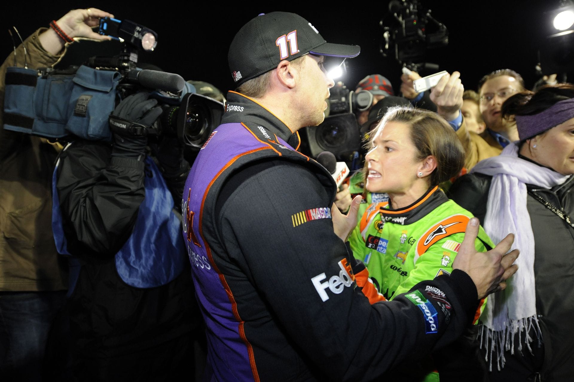 Danica Patrick and Denny Hamlin after the NASCAR Cup Series Daytona Duel 2. Source: Getty