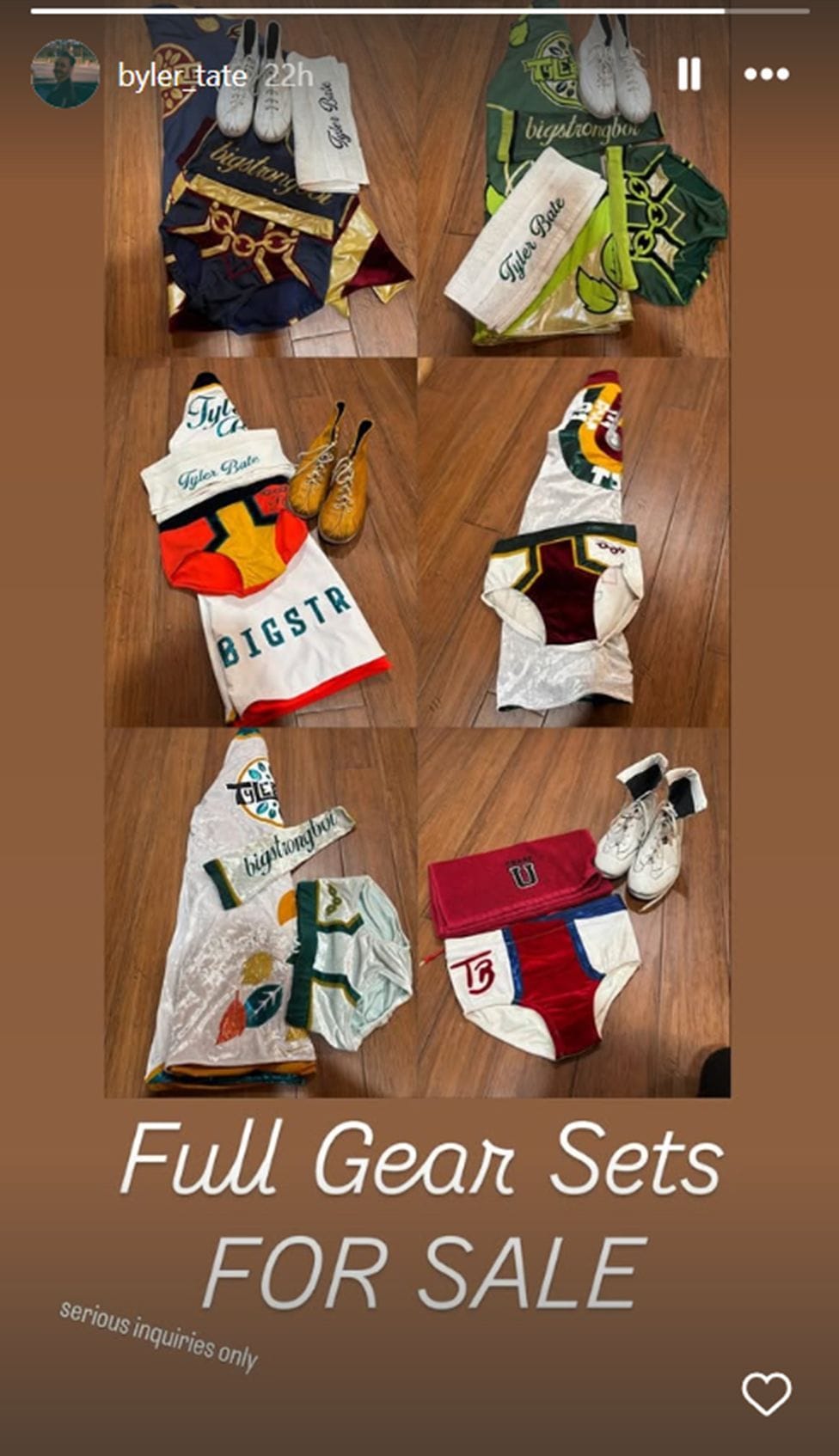 Tyler Bate has listed all of his gear for sale