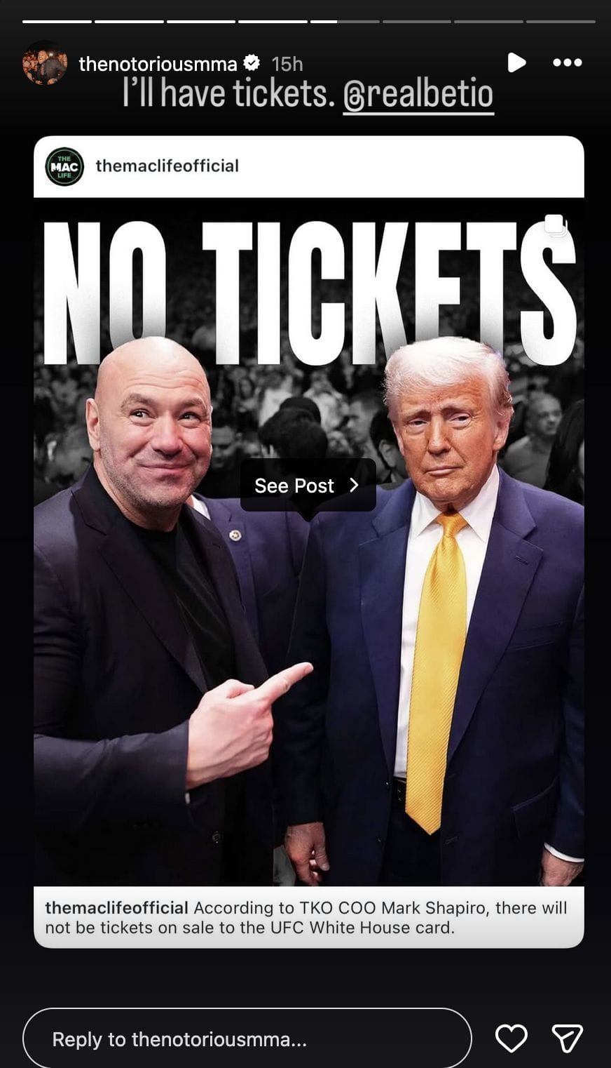 Conor McGregor reacts to no tickets being sold for the UFC White House event. [Image courtesy: Instagram @thenotoriousmma]