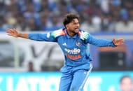 Kuldeep Yadav appeals. (Image Credits: BCCI X)