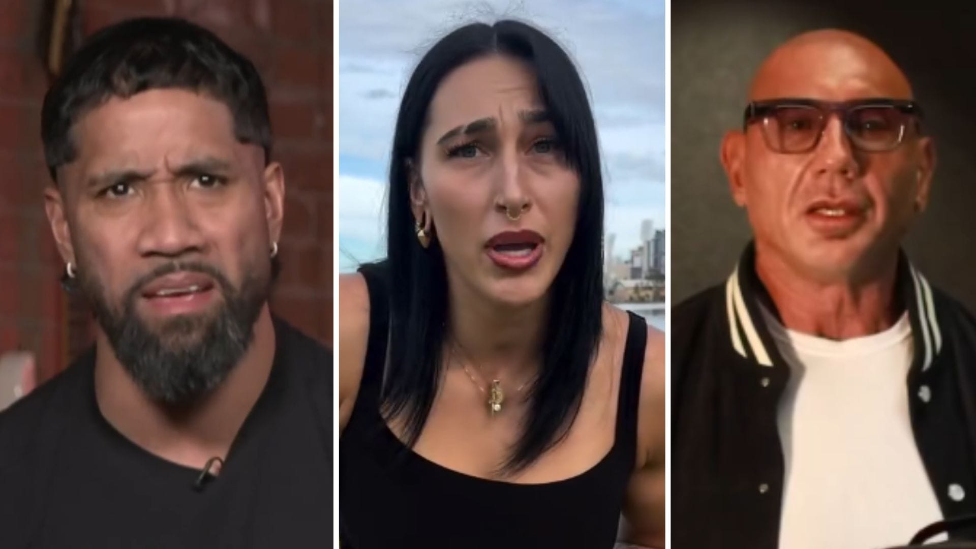 Jey Uso (left), Rhea Ripley (middle), Batista (right) [Image credits: WWE