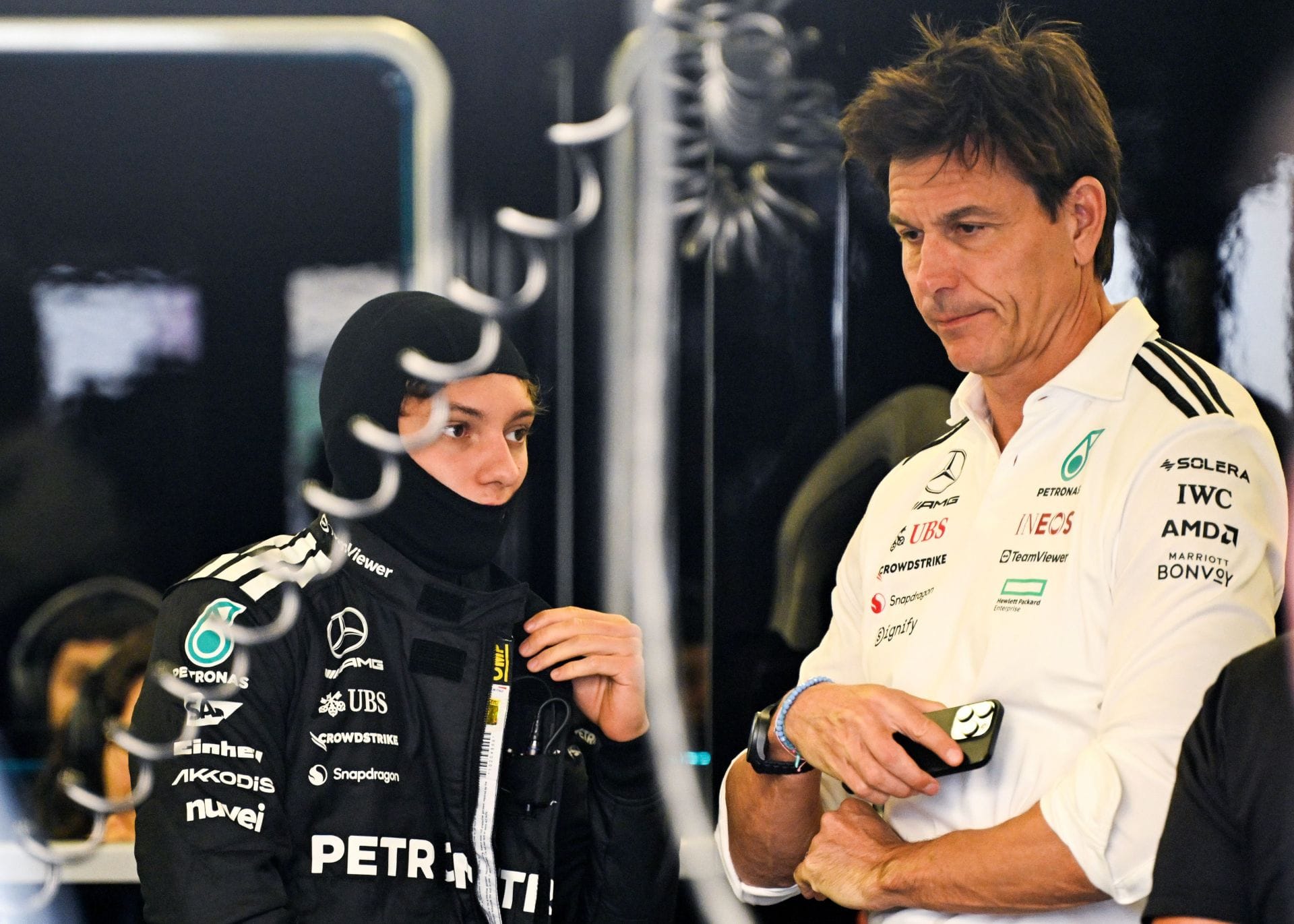 Andrea Kimi Antonelli of Mercedes and Toto Wolff at the Baku City Circuit. Source: Getty